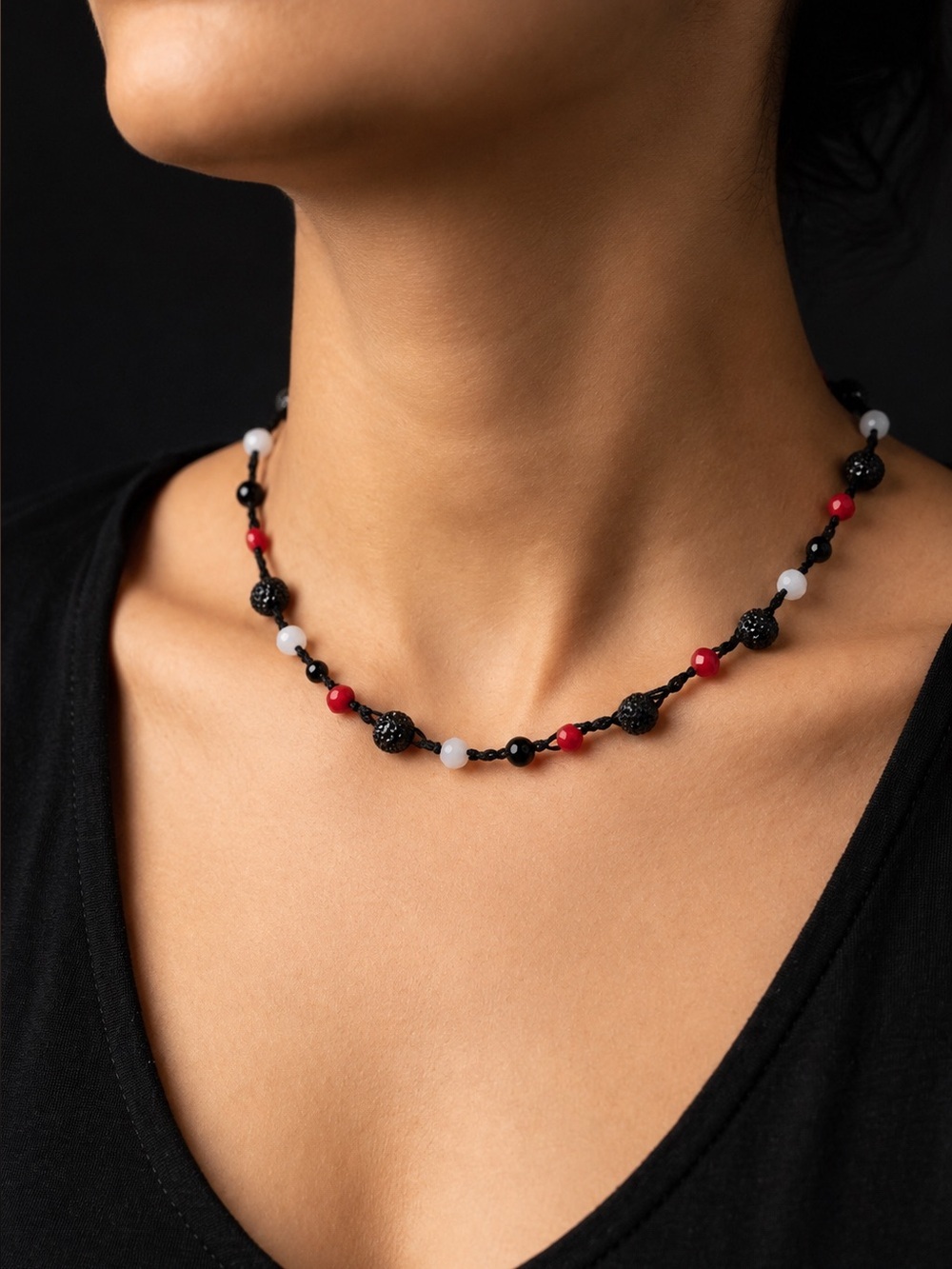 Black Beaded Crochet Necklace | Red, White & Crystal Glass Beads  Adjustable 14”